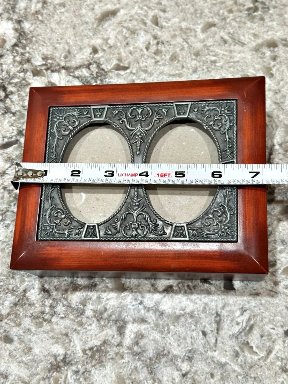 Wood Jewelry Keepsake Box with Ornate Pewter Double Oval Photo Frame Lid Vintage